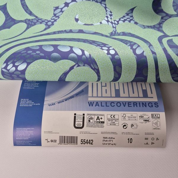 Обои виниловые на флизелине 0.53 &times; 10.05 м Marburg 55442, синие с бирюзовым &mdash; для спальни, гостиной, кабинета 2785922021 фото