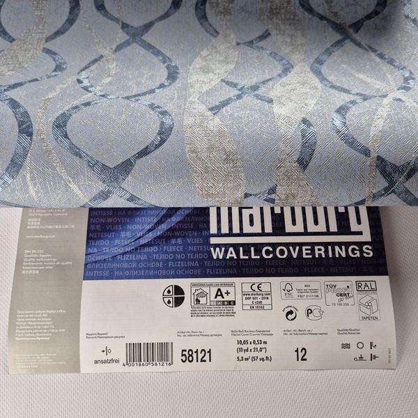 Обои виниловые на флизелине 0.53 &times; 10.05 м Marburg 58121, синие для спальни, гостиной, кабинета 2785922156 фото